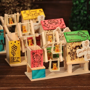 Porte-stylo boîte à musique en bois coloré avec moulin à vent et illustrations d'ours