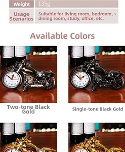 Detail view of 135g motorcycle table clock with metallic finish and specifications