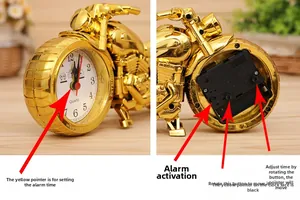 Detailed front and back views of golden motorcycle alarm clock with quartz movement