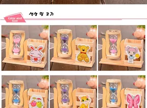 Six different cartoon designs of wooden hourglass pen holders for desktop decoration