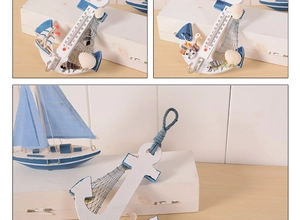 Detail of Mediterranean anchor wall thermometer with wooden texture and shell decor