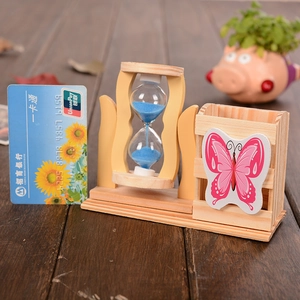 Creative wooden hourglass pen holder with blue sand and cute pink butterfly decoration