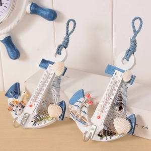 Mediterranean Style Wooden Anchor Thermometer Wall Hook Decorative Nautical Hanging Ornament For Kids Room Home Decor