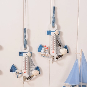 Mediterranean wooden anchor thermometer wall decor with sea shells and nautical hooks