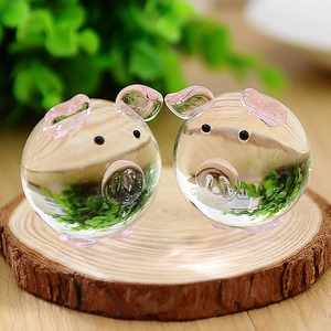 Clear glass pig figurines with green plant inserts on a natural wooden display stand