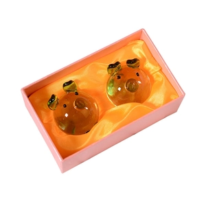 Amber crystal glass pig figurines pair with green ears in a pink luxury gift box set