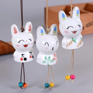 Cute Cartoon Ceramic Rabbit Wind Chimes Handmade Porcelain Bunny Hanging Ornament For Home Car Door Window Decor Gift