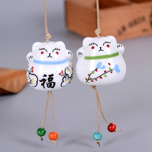 Japanese lucky cat ceramic wind chime pendants with blessing text and floral motifs