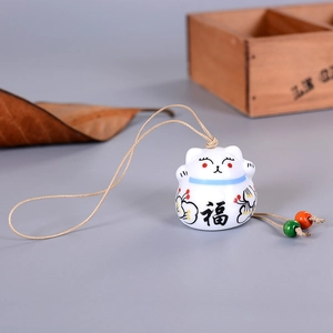 Japanese ceramic beckoning cat wind chime hanging ornament with wood beads and red floral patterns