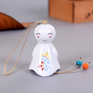 Handcrafted white ceramic Teru Teru Bozu wind chime with floral pattern and colorful beads