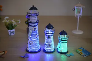 Three-piece Mediterranean lighthouse decor set with built-in LED glowing light effect