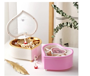 Detail view of heart-shaped music box with spinning ballerina and jewelry storage compartment