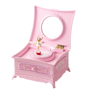 Boîte à bijoux musicale rose avec ballerine, miroir de courtoisie et motifs d'ours