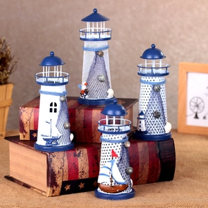 Mediterranean Style Iron Lighthouse Ornament With Flashing LED Ocean Elements Handmade Metal Desktop Decorative Lighthouse Craft
