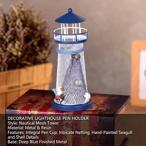 Blue and white Mediterranean lighthouse ornament with seashells and nautical ropes