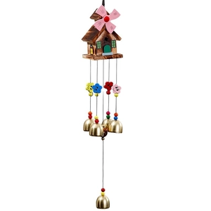 Japanese style wooden house wind chime with colorful flower charms and golden bells