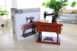 Macro detail of vintage sewing machine music box with intricate gears and retro wood texture
