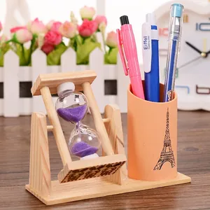 Clessidra girevole in legno con sabbia viola e portapenne Torre Eiffel decoro scrivania