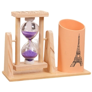 Clessidra rotante in legno con sabbia viola e portapenne Torre Eiffel per scrivania