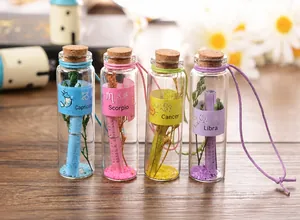 Detail view of four colorful glass zodiac wishing bottles with corks on wood surface