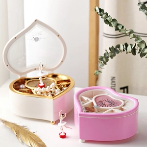 Heart Shaped Music Box With Rotating Ballerina Girl Jewelry Storage Case Mirror Resin Musical Box Valentine Day Gift For Women Girls