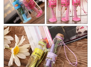Detailed close-up of zodiac glass wishing bottle with cork, colorful sand, and dried flowers