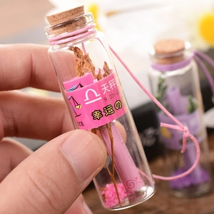 Zodiac glass wishing bottle with pink stones and a Libra constellation card inside