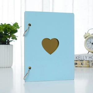 Detail view of light blue heart cutout photo album with golden inner page and metal rings