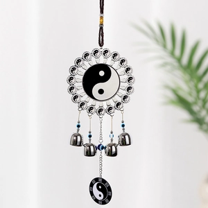 Hanging wind chime with Yin Yang Tai Chi symbols, evil eye beads and metal bells