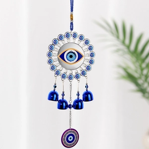 Turkish Evil Eye wind chime hanging ornament with silver hollow frame and four blue bells