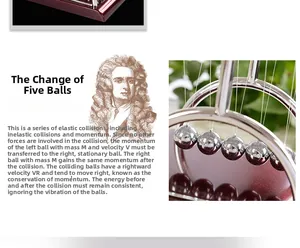 Detailed view of 5 polished metal spheres on Newton's cradle showing momentum and balance