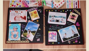 Detail showing DIY wooden photo album with black inner pages and metal loose-leaf rings