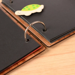 6 inch wooden heart DIY photo album with brown wood cover and black card pages