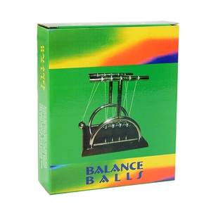 Newton's Cradle balance balls desk toy in colorful retail packaging with silver metal balls