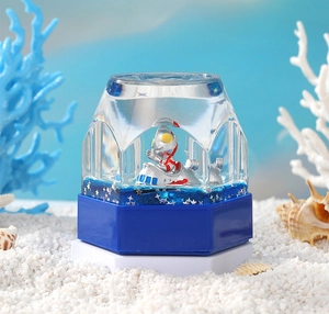 Detailed view of Ultraman floating in blue liquid hourglass with star glitters