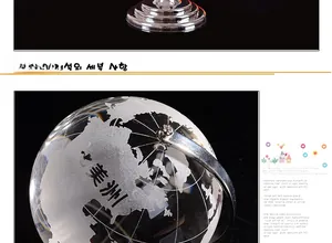 Detail showing high transparency crystal globe with sandblasted world map and metal base