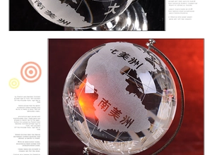 Macro detail of a transparent crystal globe with a silver rotating stand on red background