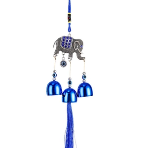 Lucky evil eye elephant wind chime with blue bells and decorative silk tassel