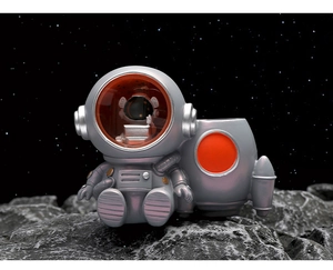 Detailed macro view of silver astronaut figurine and rocket storage on simulated lunar surface