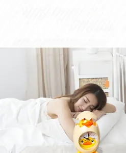 Detailed macro view of a cute cartoon duck alarm clock placed on a cozy bedside table