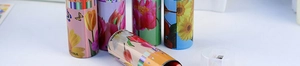 Detail of floral pencil cases with built-in sharpeners and vibrant tulip patterns