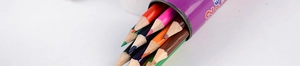 Detail of 12 multi-color pencils inside a purple cylindrical storage tube with pen logo