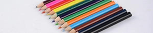 Macro view showing twelve colorful wooden pencils arranged neatly in a diagonal row