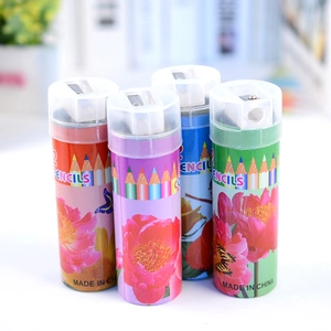 Set of 12 short colored pencil tubes with sharpener lids featuring floral patterns