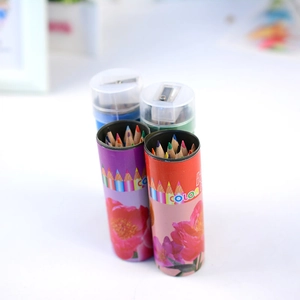Portable 12-color short pencil set in cylindrical tubes with built-in sharpener