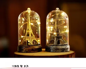 Macro shot of illuminated Eiffel Tower glass dome with warm LED copper wire lights