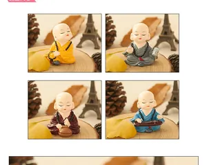 Set of four colorful resin Zen monk figurines displayed on rustic wooden bases