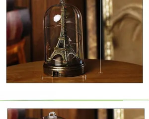 Eiffel Tower glass dome with LED lights and wood base, 10cm height interior decor