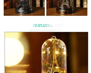 Close-up of Eiffel Tower LED ornament with glass dome and warm fairy lights