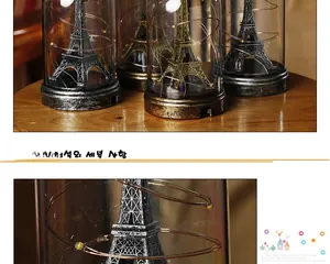 Macro detail of Eiffel Tower glass dome LED lamp with bronze base and warm fairy lights